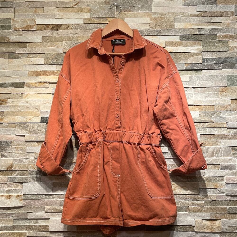MINKPINK M Romper Jumpsuit | Burnt Orange Rust Fall Utility One Piece, Pockets